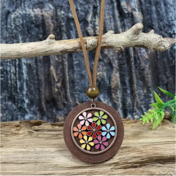 BOHO Multi-Color Enamel & Wood Necklace/Drop Earrings SET - Picture 3 of 9